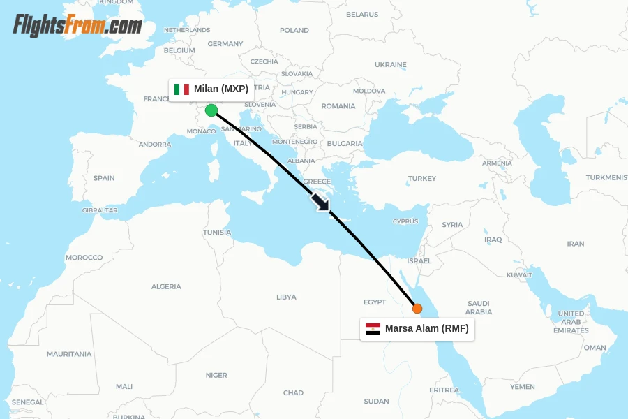Flights from Milan to Marsa Alam route map