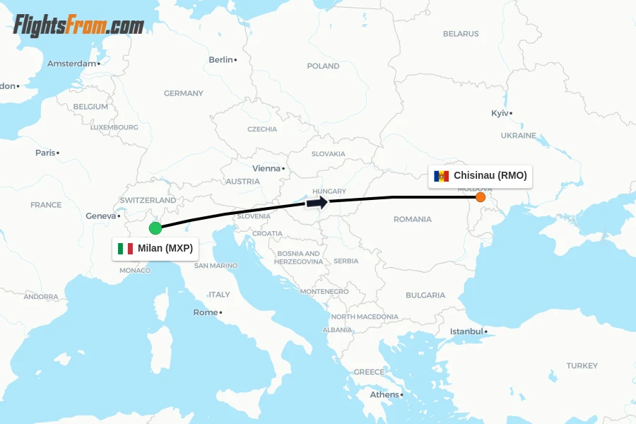 Flights from Milan to Chisinau route map