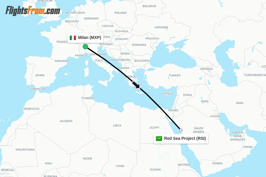 Flights from Milan to Red Sea Project route map