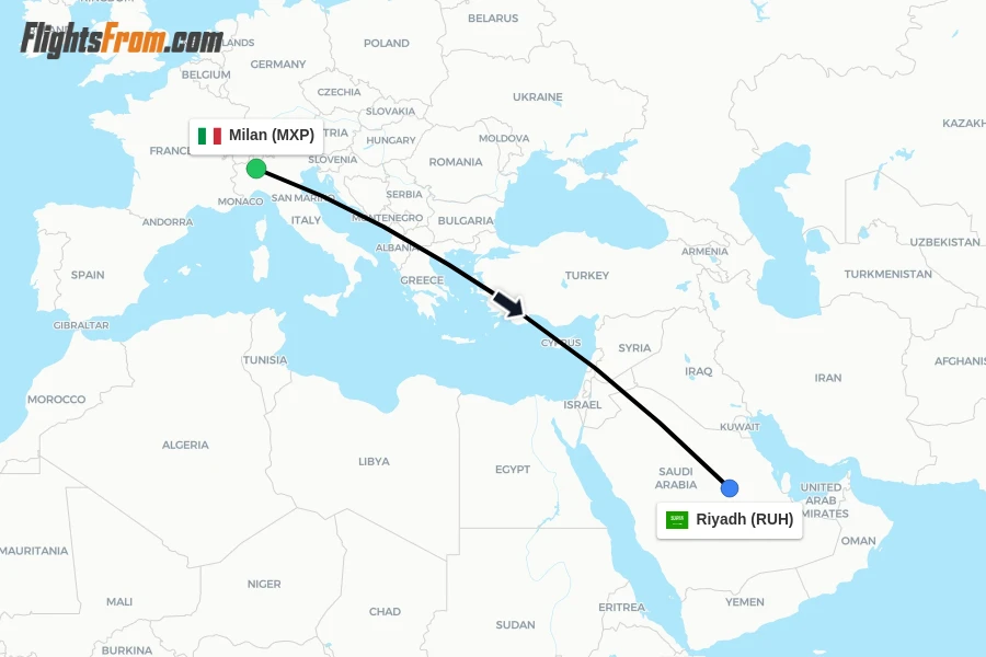 Flights from Milan to Riyadh route map