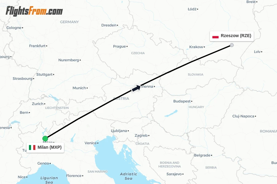 Flights from Milan to Rzeszow route map
