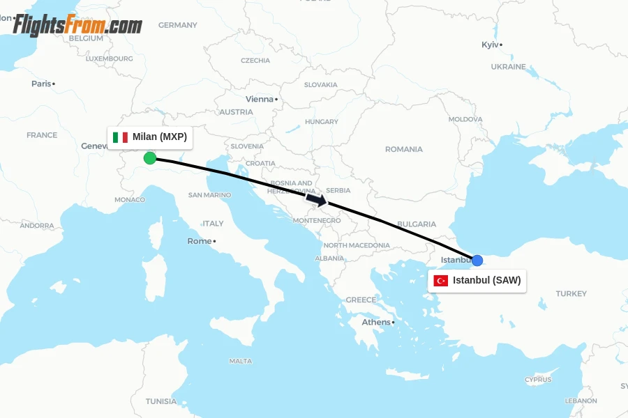 Flights from Milan to Istanbul route map