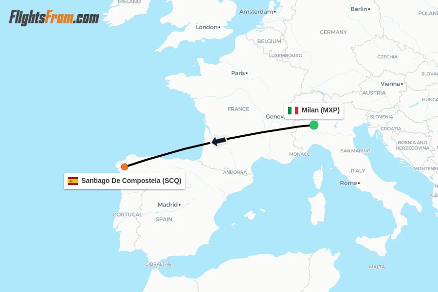 Flights from Milan to Santiago De Compostela route map