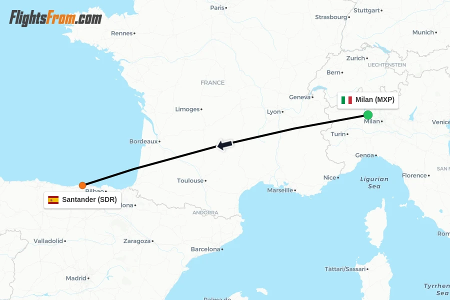 Flights from Milan to Santander route map