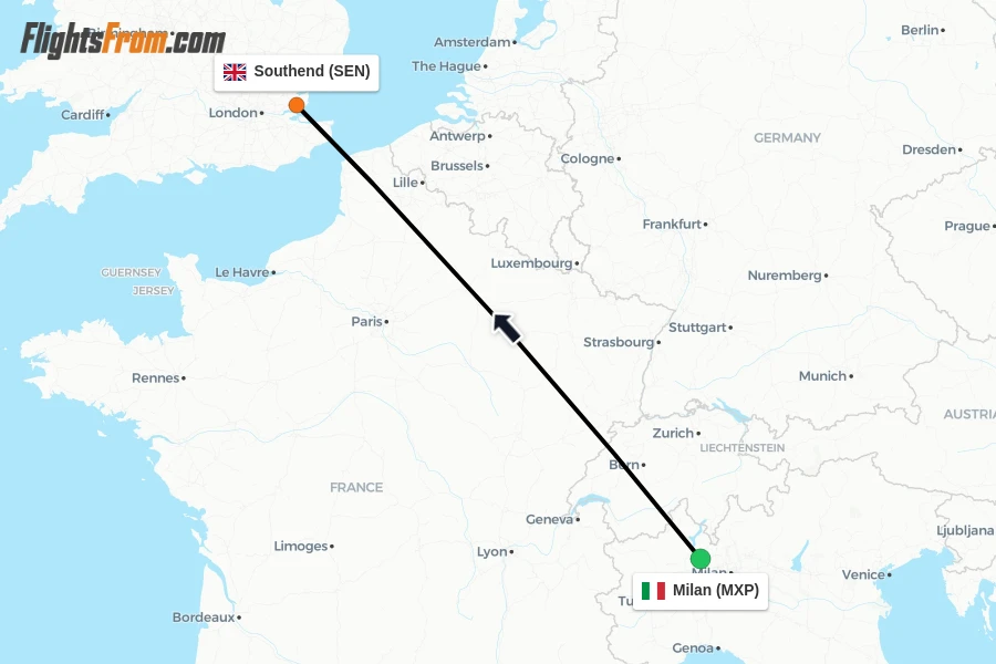 Flights from Milan to Southend route map