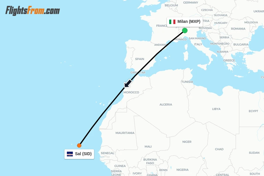 Flights from Milan to Sal route map