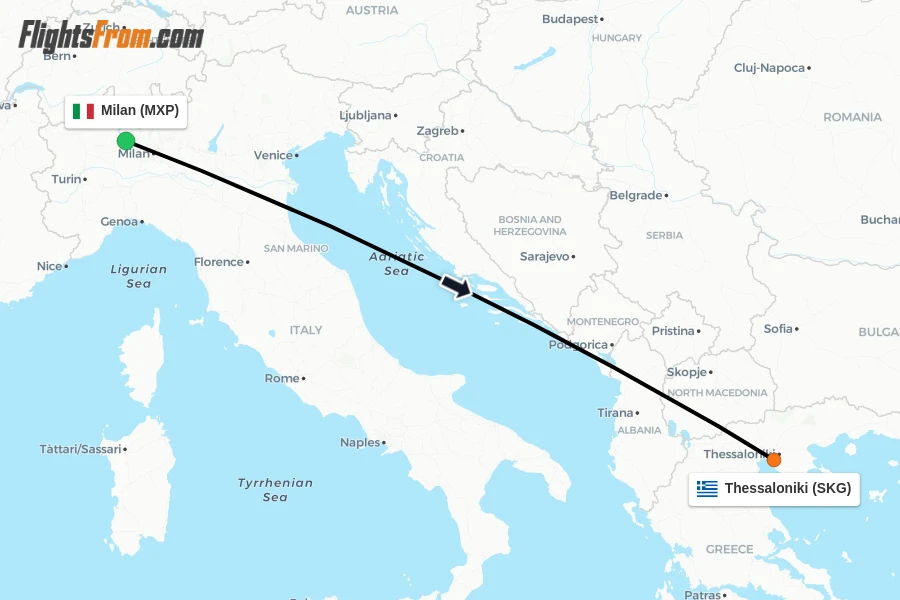 Flights from Milan to Thessaloniki route map