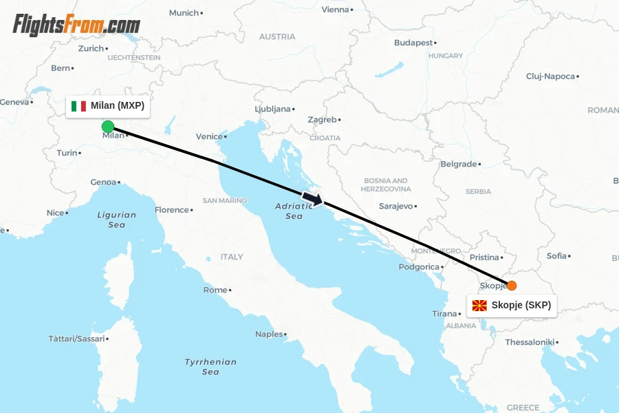 Flights from Milan to Skopje route map