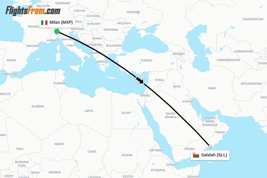 Flights from Milan to Salalah route map