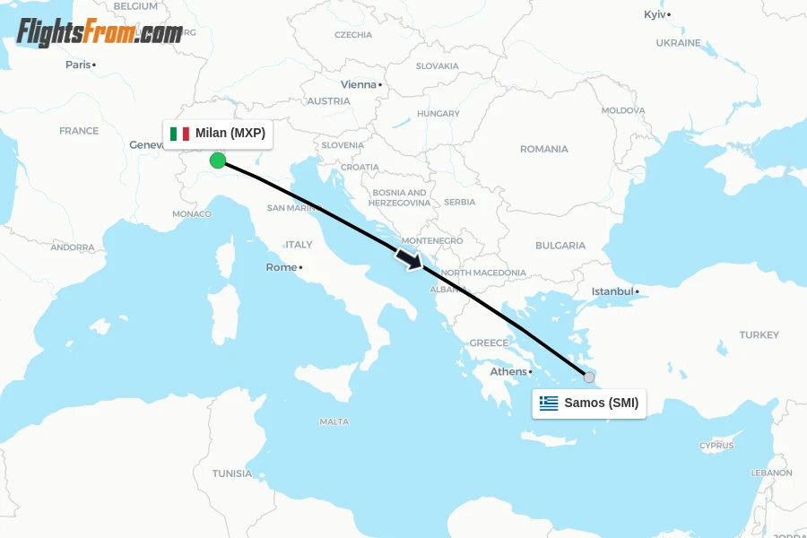 Flights from Milan to Samos route map
