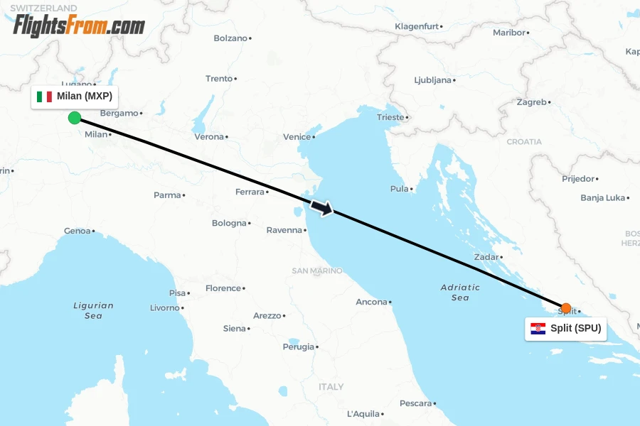 Flights from Milan to Split route map