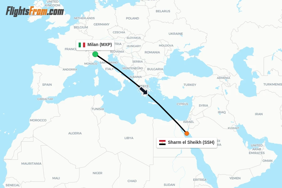Flights from Milan to Sharm el Sheikh route map
