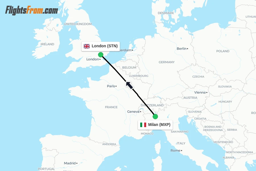 Flights from Milan to London route map