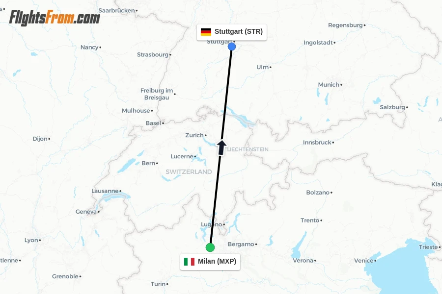 Flights from Milan to Stuttgart route map