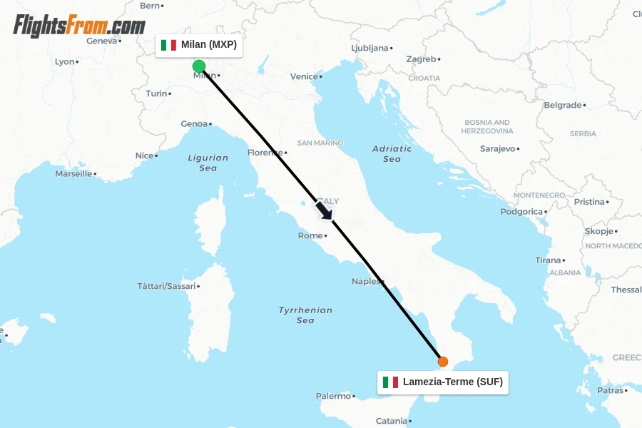 Flights from Milan to Lamezia-Terme route map
