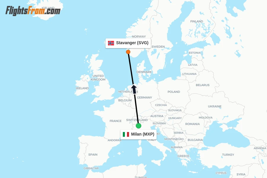 Flights from Milan to Stavanger route map