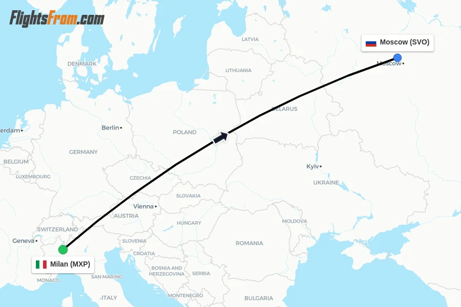 Flights from Milan to Moscow route map