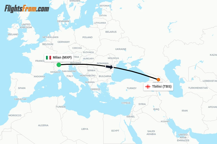 Flights from Milan to Tbilisi route map