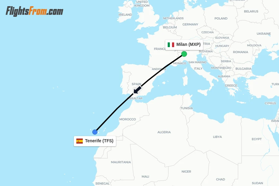 Flights from Milan to Tenerife route map