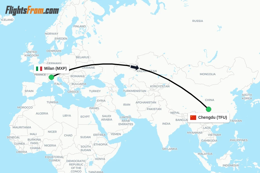 Flights from Milan to Chengdu route map