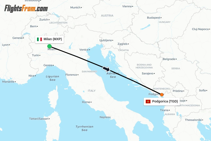 Flights from Milan to Podgorica route map