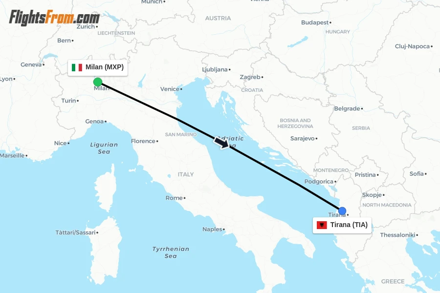 Flights from Milan to Tirana route map