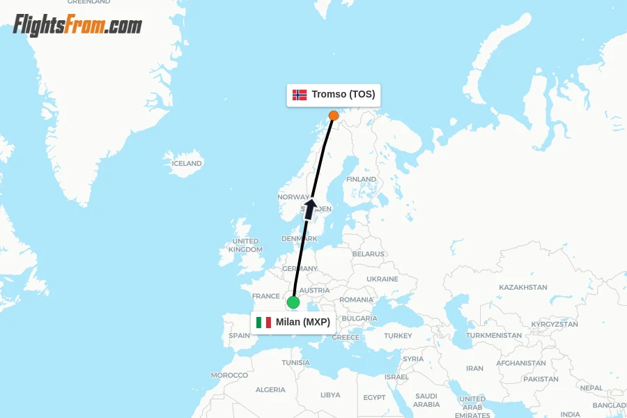Flights from Milan to Tromso route map
