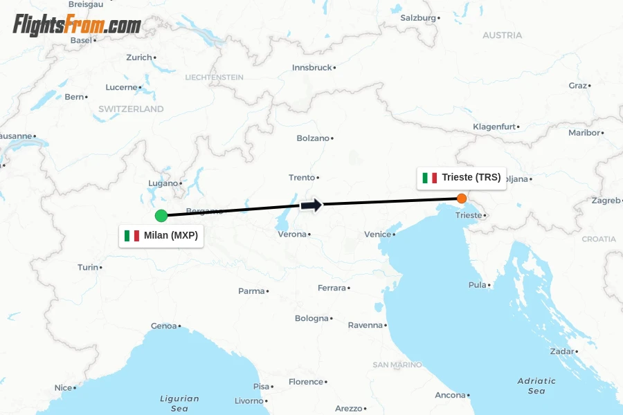 Flights from Milan to Trieste route map