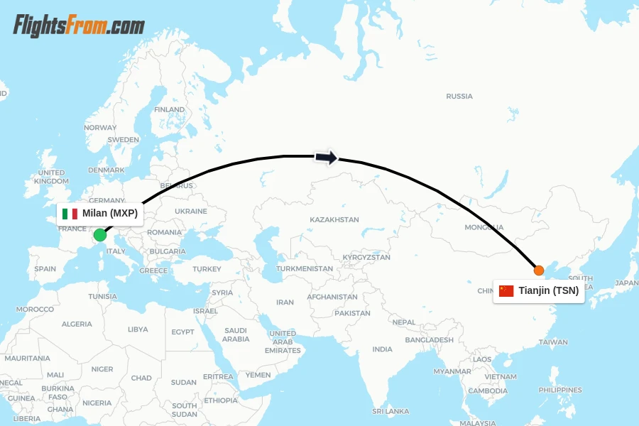 Flights from Milan to Tianjin route map