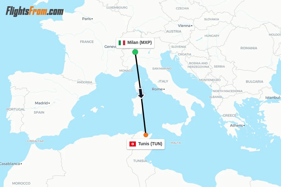 Flights from Milan to Tunis route map