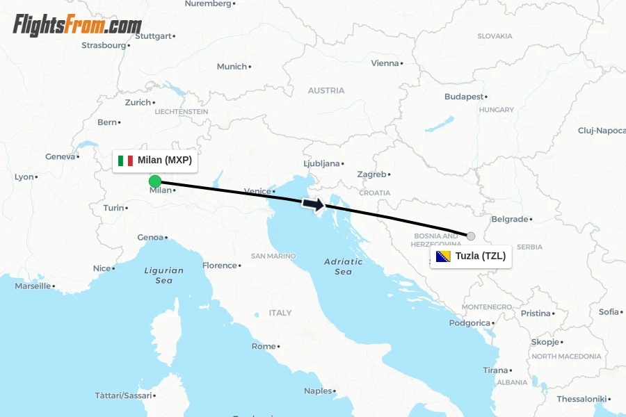 Flights from Milan to Tuzla route map