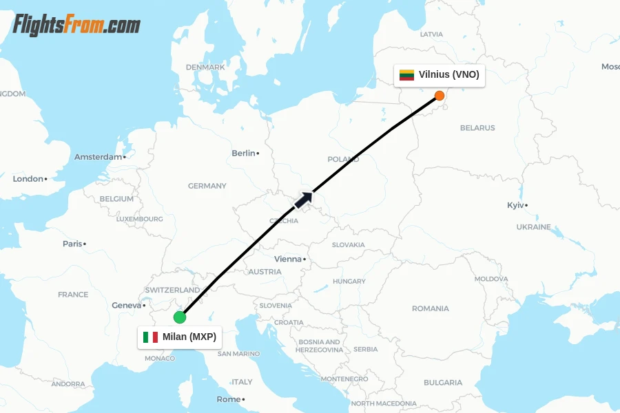 Flights from Milan to Vilnius route map