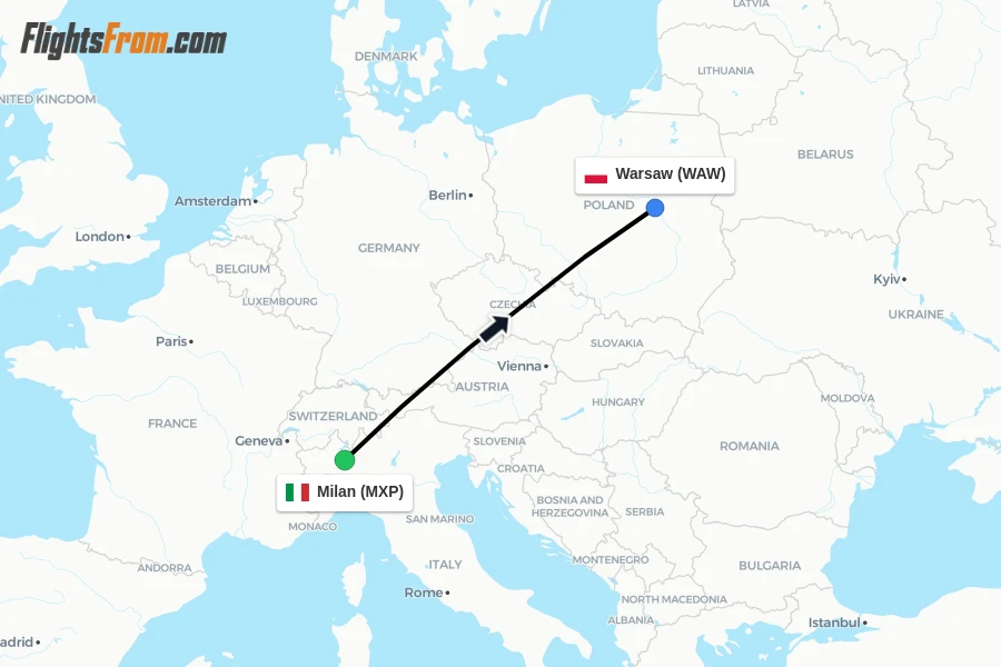 Flights from Milan to Warsaw route map