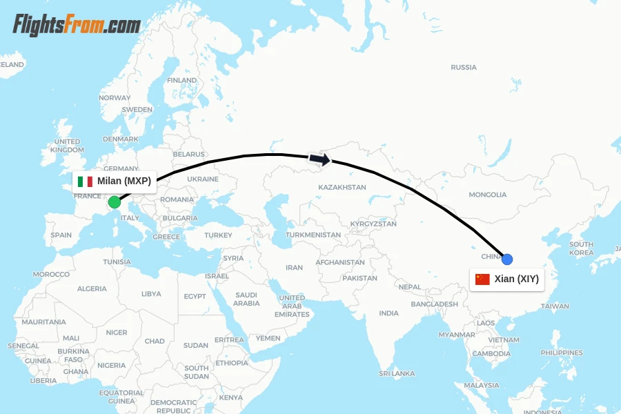 Flights from Milan to Xian route map