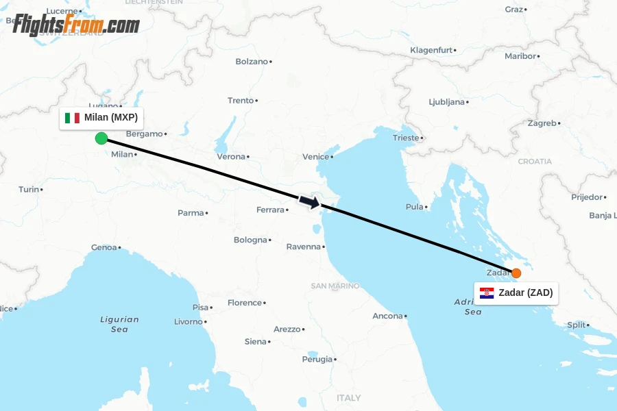 Flights from Milan to Zadar route map