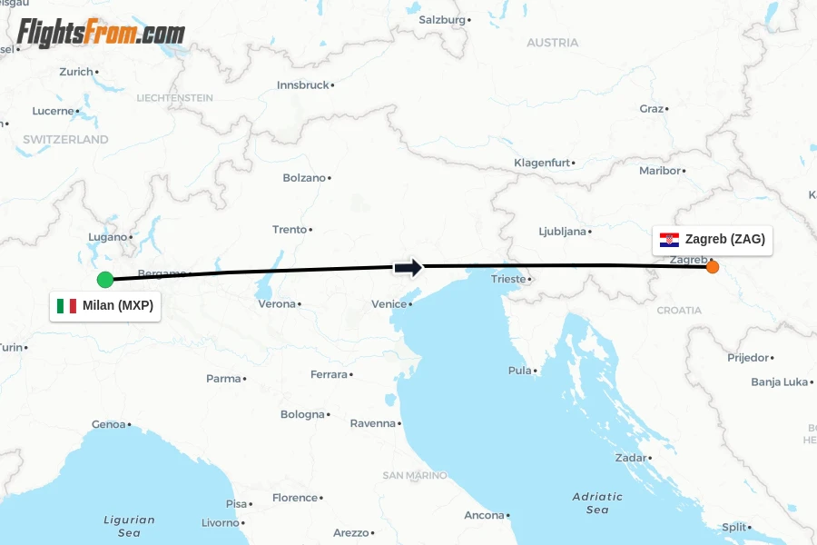 Flights from Milan to Zagreb route map