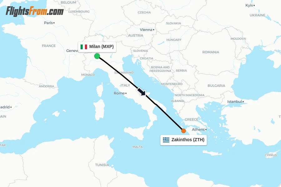 Flights from Milan to Zakinthos route map