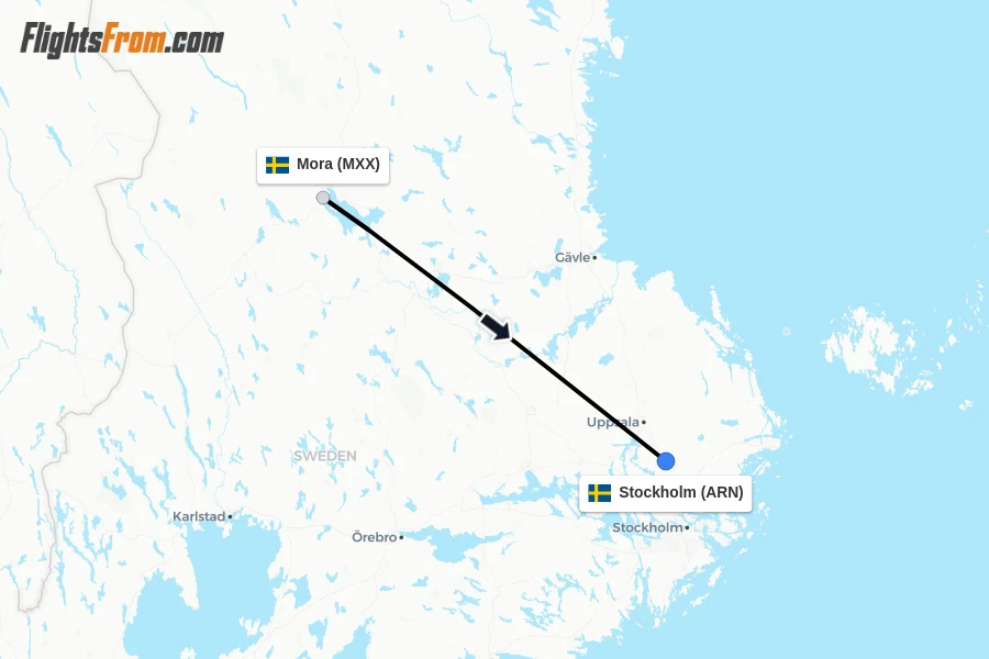 Flights from Mora to Stockholm route map