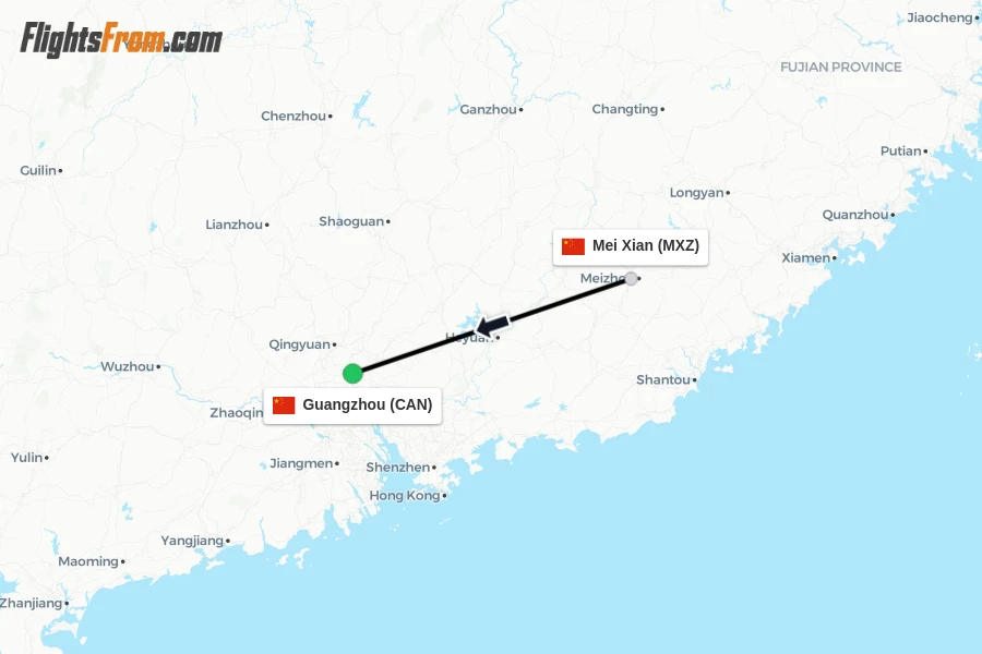 Flights from Mei Xian to Guangzhou route map