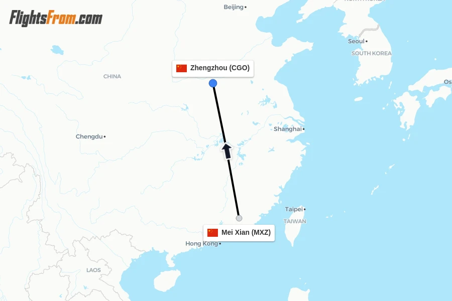 Flights from Mei Xian to Zhengzhou route map