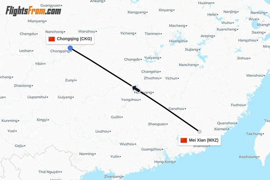 Flights from Mei Xian to Chongqing route map