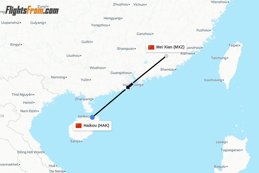 Flights from Mei Xian to Haikou route map