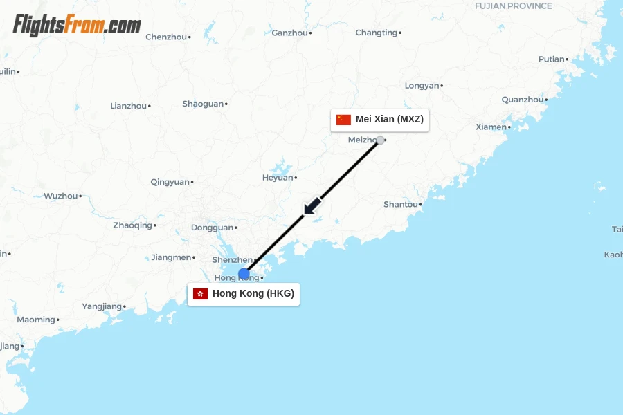 Flights from Mei Xian to Hong Kong route map