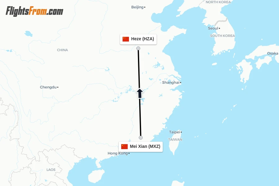 Flights from Mei Xian to Heze route map