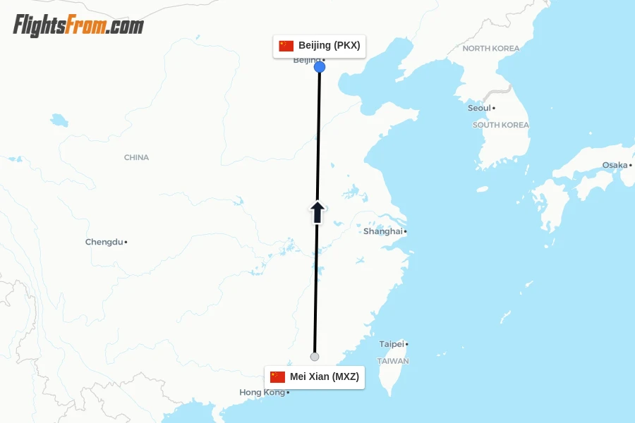 Flights from Mei Xian to Beijing route map