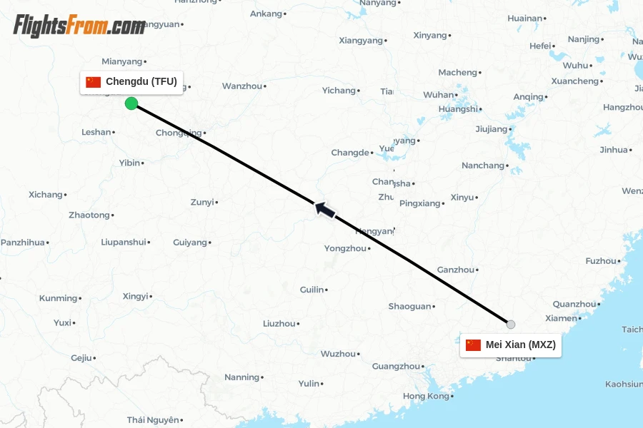 Flights from Mei Xian to Chengdu route map