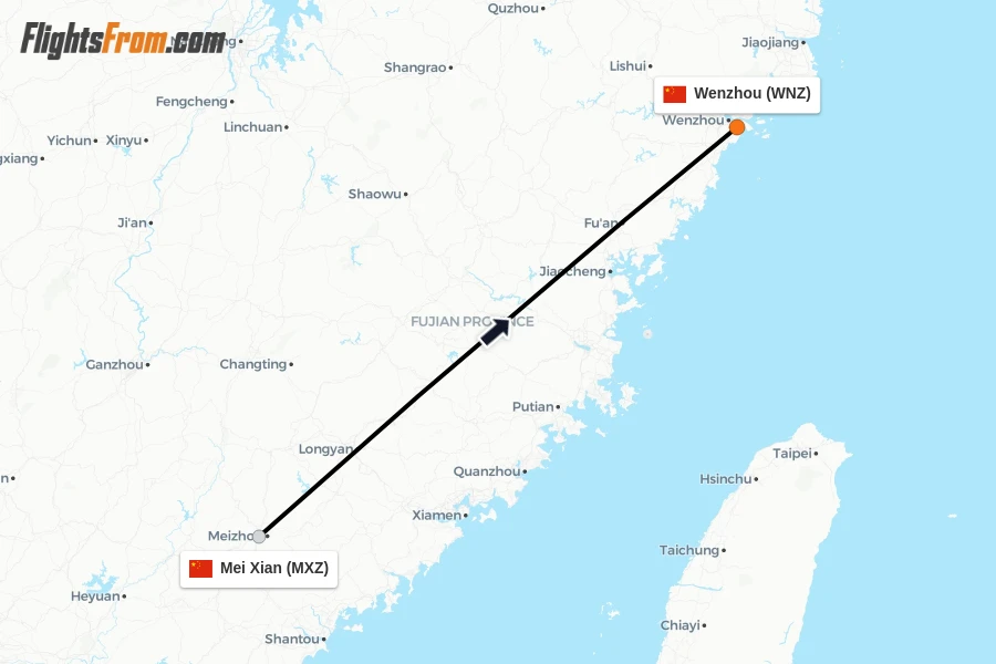 Flights from Mei Xian to Wenzhou route map