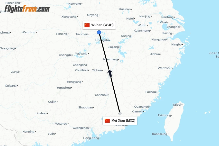Flights from Mei Xian to Wuhan route map