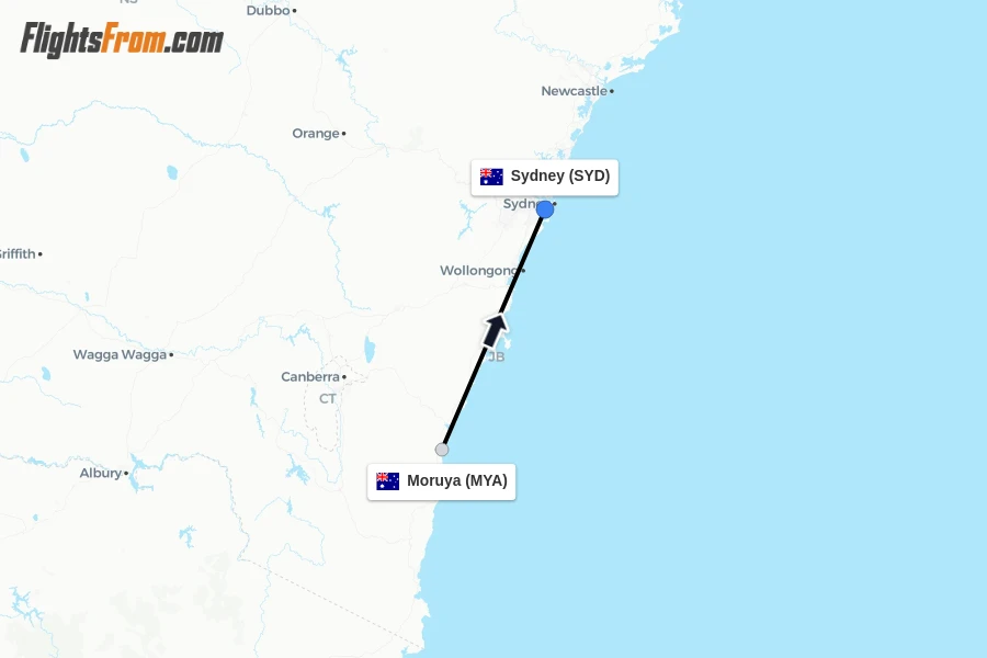 Flights from Moruya to Sydney route map