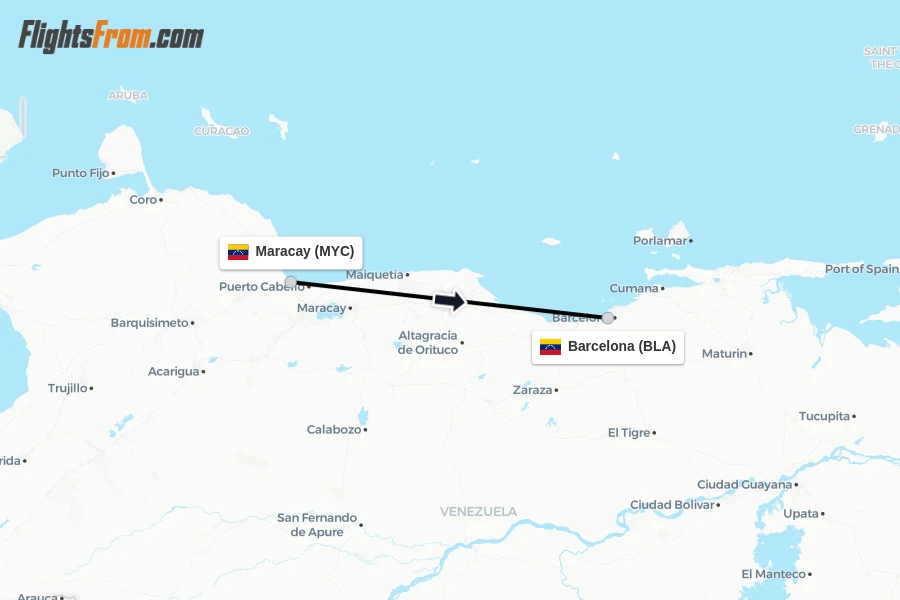 Flights from Maracay to Barcelona route map
